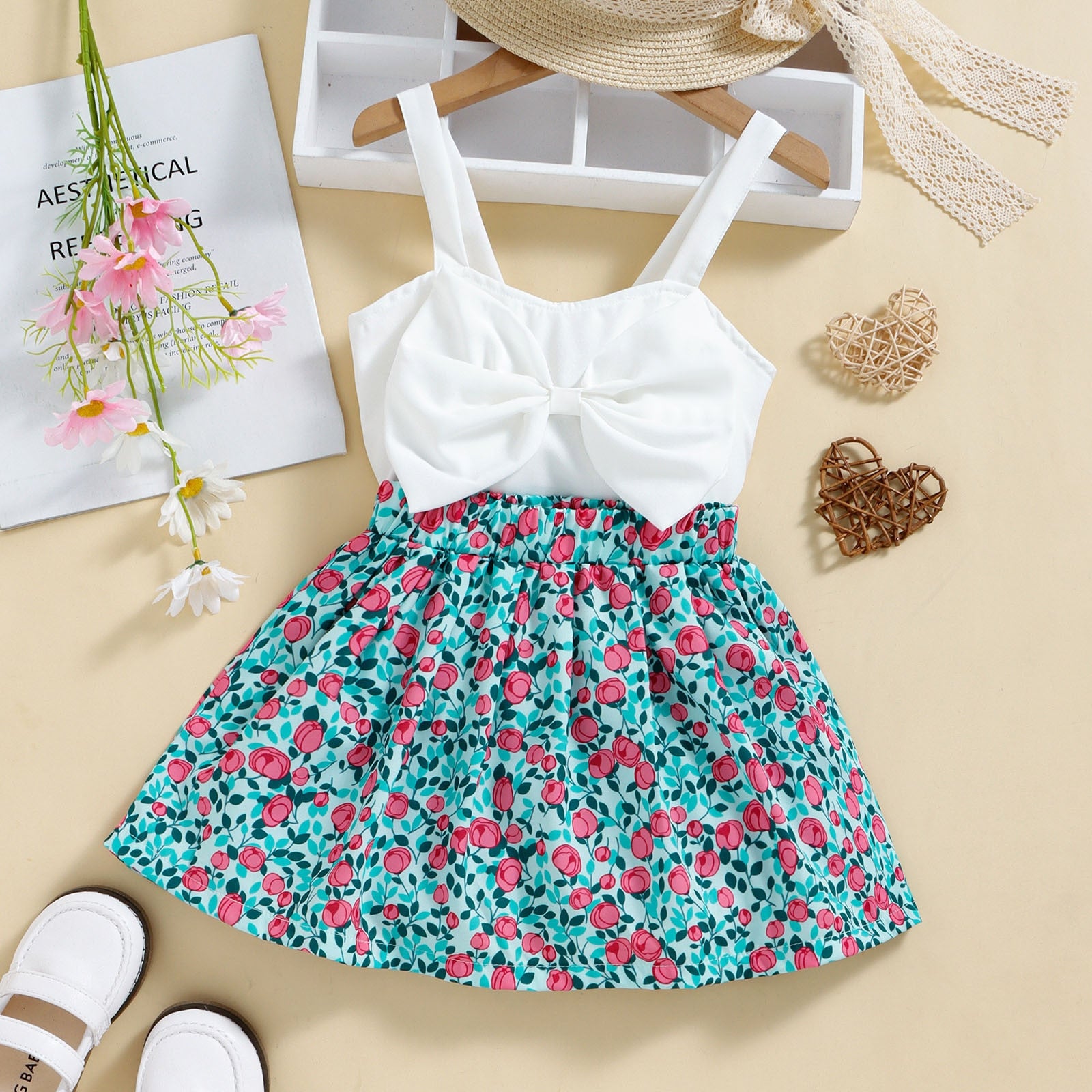 Toddler Girls Summer Outfits: Sleeveless Bowknot Vest Tops and Floral Print Skirt Sets