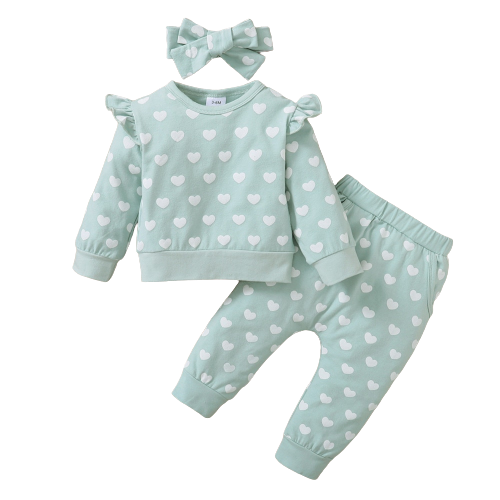 Hearts Printed Girls Baby Clothes Set - Flying Sleeve Top + Pants 3Pcs Kids Toddler Costume