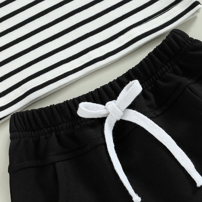 Summer Casual Toddler Boy Outfits: Short Sleeve Stripe Print T-Shirt + Elastic Waist Shorts 2pcs Clothes Set