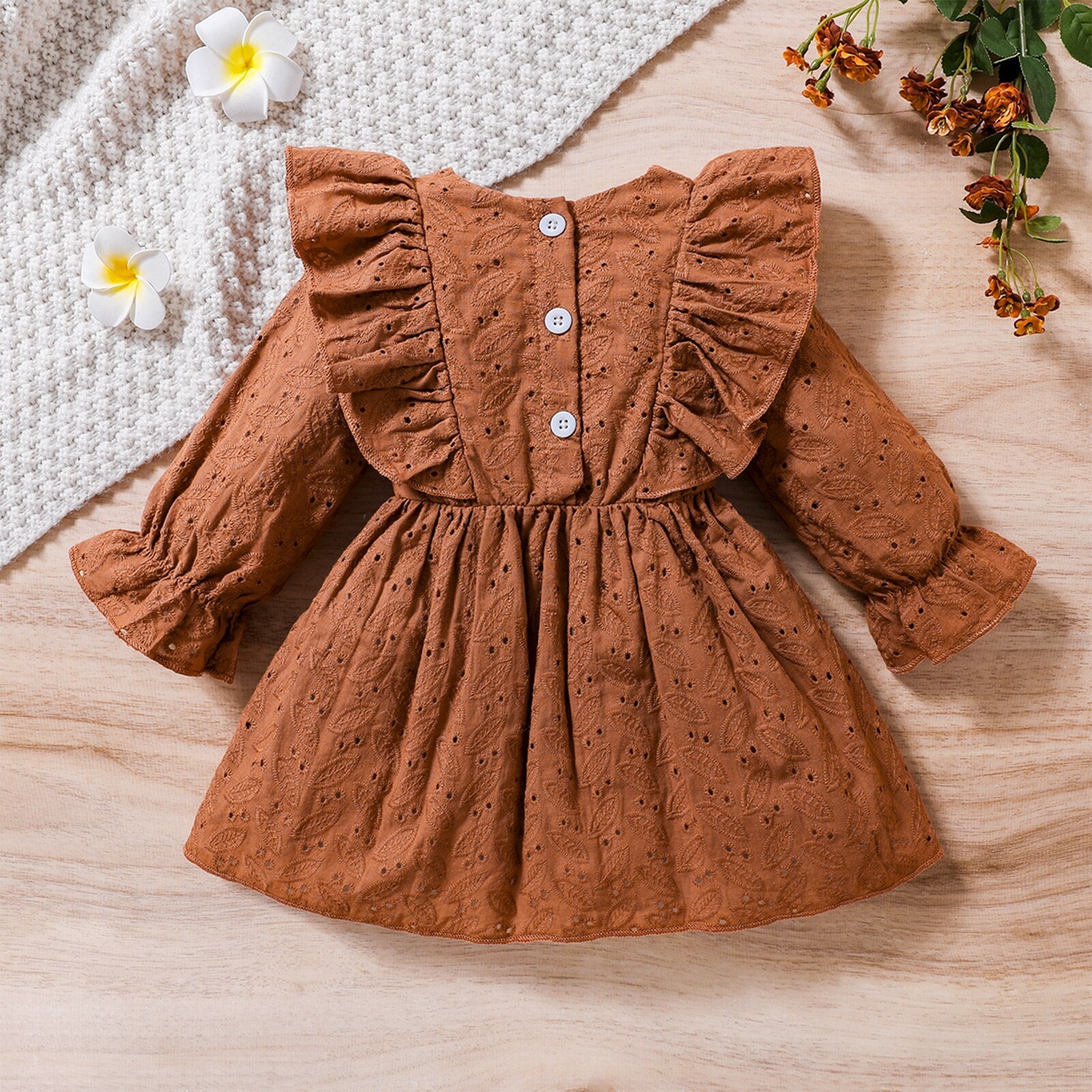 Adorable Baby Girls' A-Line Dress with Ruffles, Flowers, and Lace Cutouts