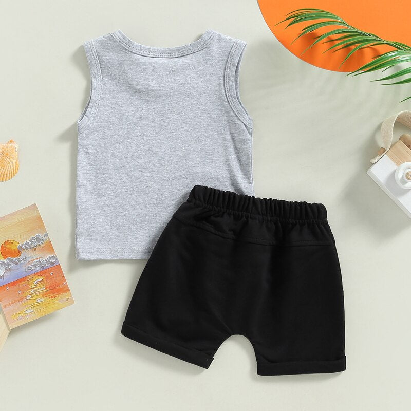 Summer Clothes for Toddler and Newborn Baby Boys: Coconut Tree and Letters Print Tank Tops with Elastic Waist Shorts - Casual Tracksuits