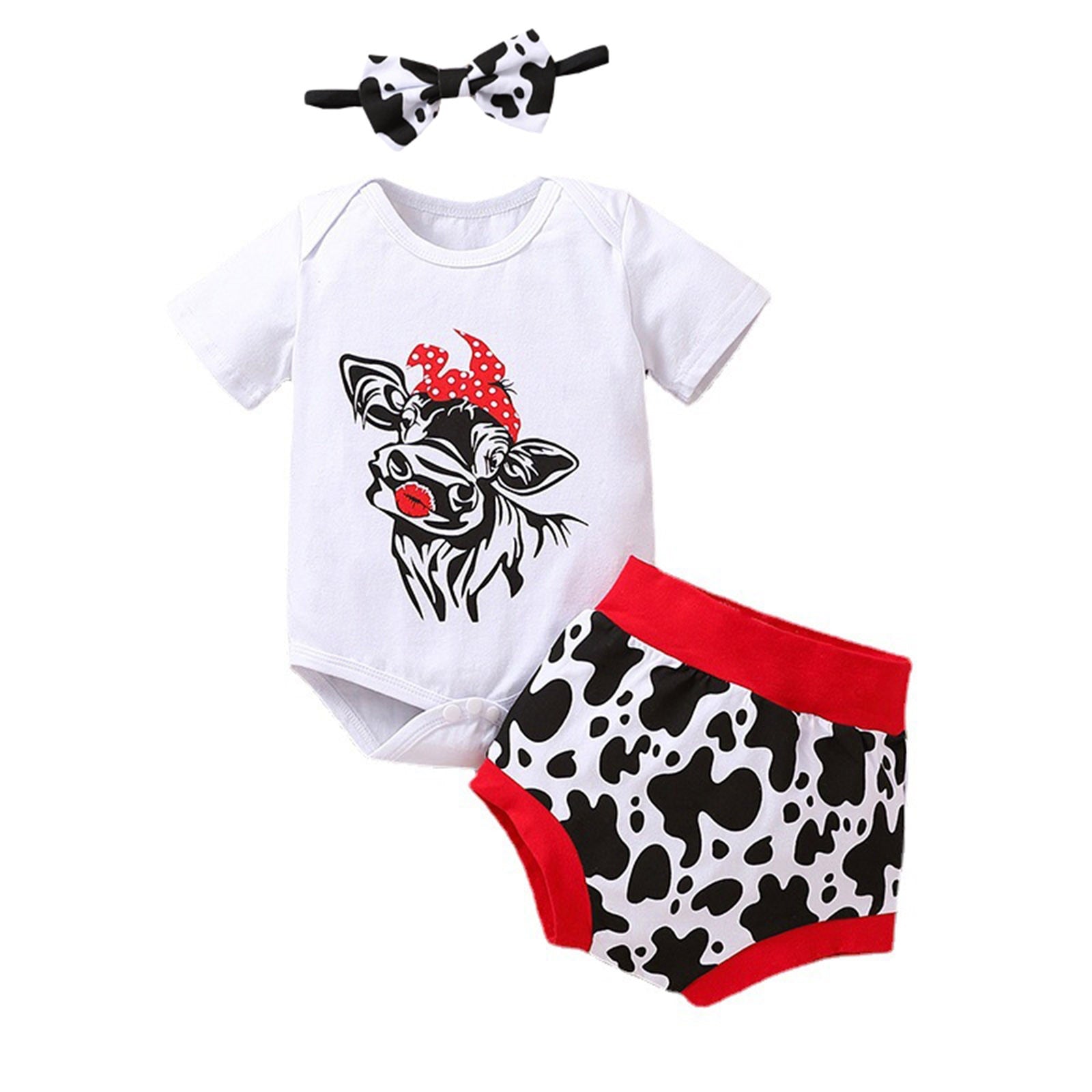 Adorable Infant Boys and Girls Short Sleeve Clothes Sets with Cartoon Dairy Cow Print