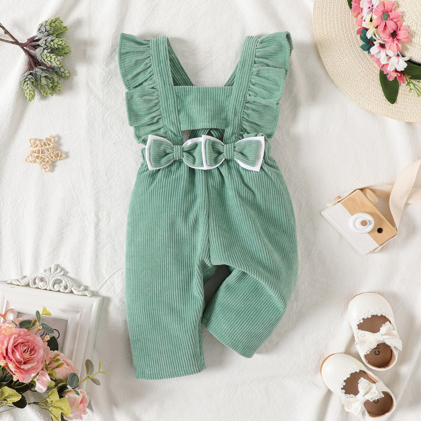 Charming Corduroy Overalls for Newborn Baby Girls with Bow Front and Ruffle Trim