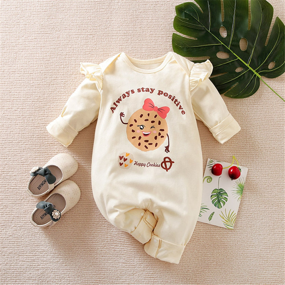 Adorable Girls' Newborn Jumpsuit with Ruffles and Cookies Print