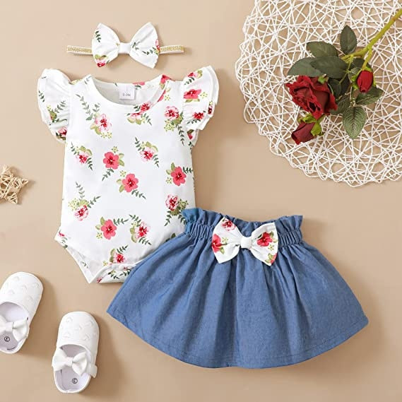 Newborn Baby Clothes Summer Sets For Girls Lace Sleeve Romper+Bow Skirts 3pcs Toddler Girls Outfits Suit