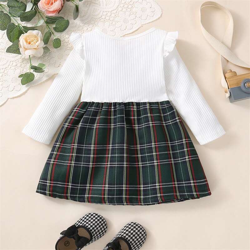 Baby Girl Plaid Dress with Ruffles and Long Sleeves - Babbez