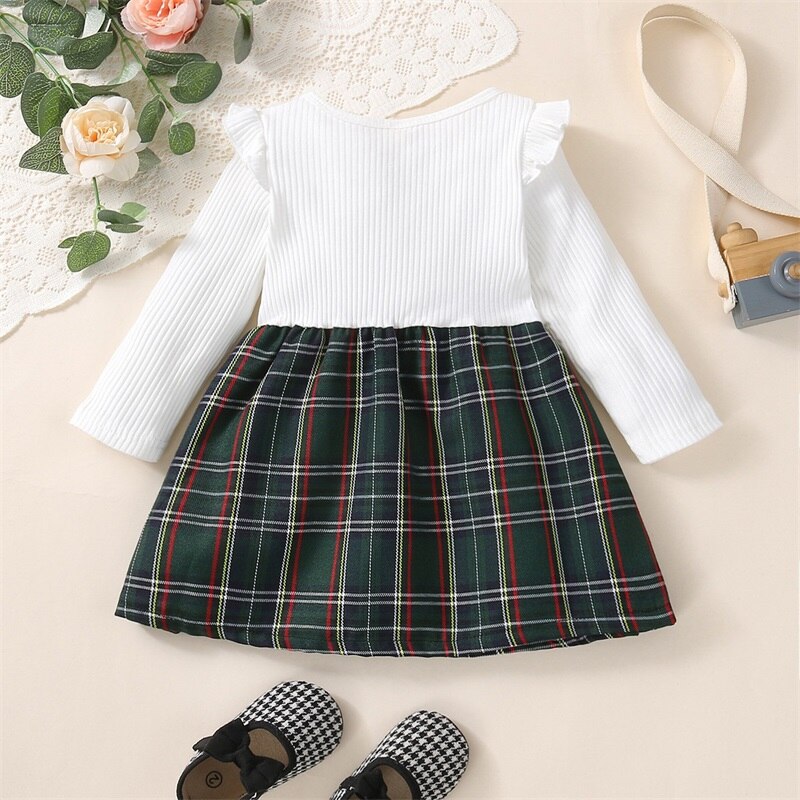 Adorable Baby Girl Plaid Dress with Ruffles and Long Sleeves