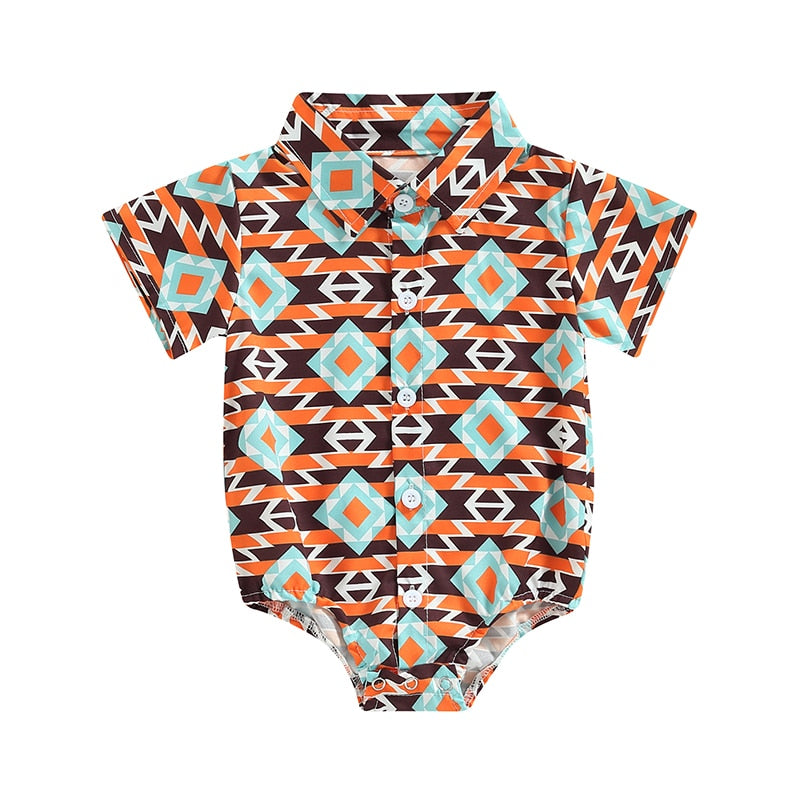 Vintage Summer Newborn Baby Boys Shirts Bodysuits - Cattle Cactus Print Button Short Sleeve Jumpsuits Playsuits Clothes