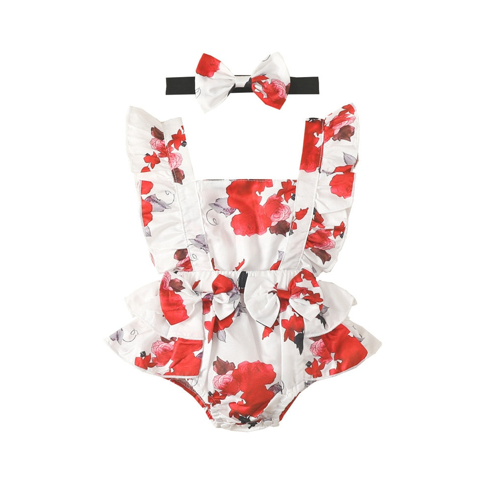 Sweet Flowers Printed Infant Rompers with Bowtie for Baby Girls