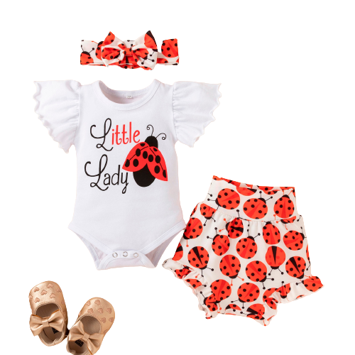 Adorable Infant Baby Clothes Sets - Fly Sleeve Bodysuit Tops, Cartoon Shorts Pants, and Headband for Boys and Girls