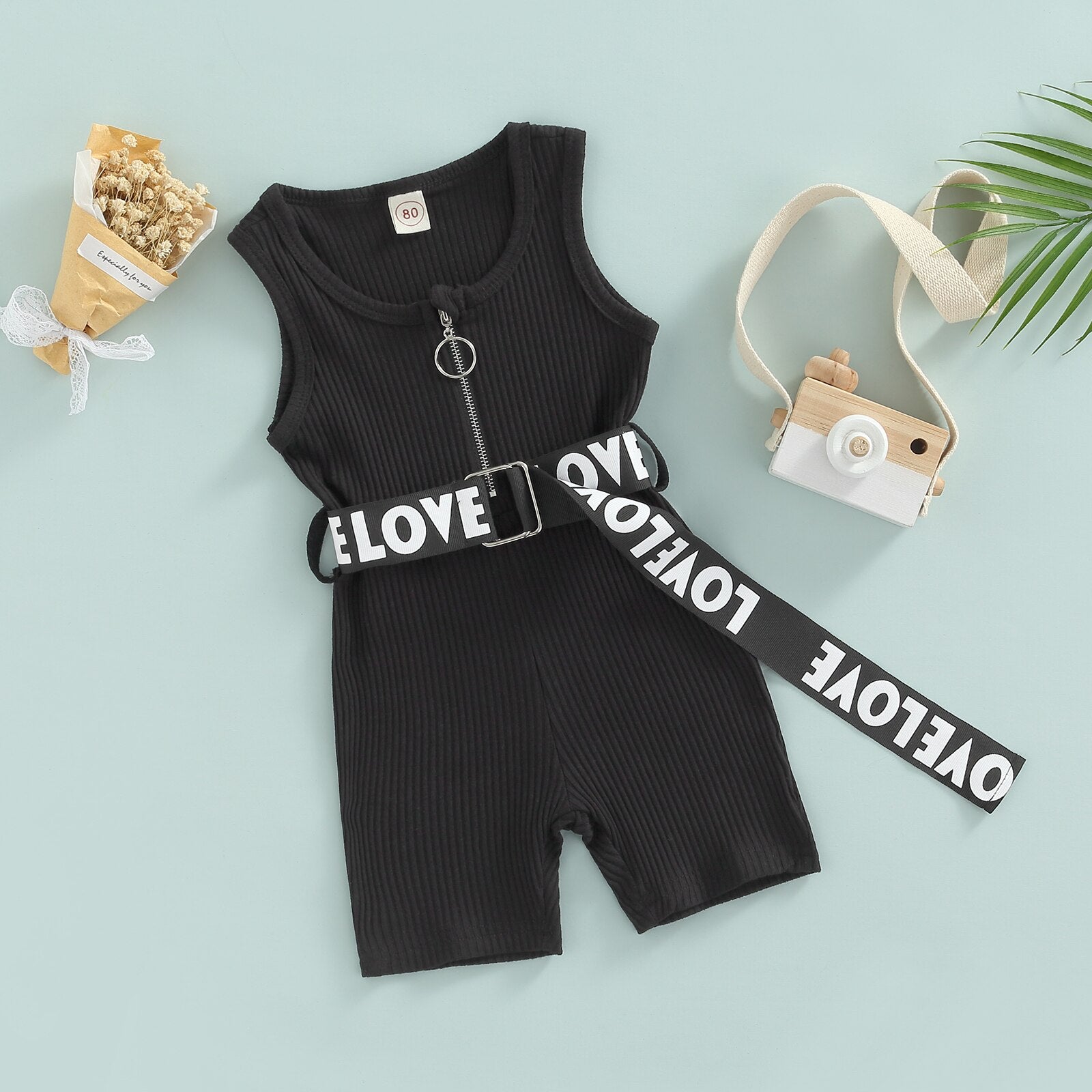 Fashion Kids Girl's Summer Jumpsuit 0-4Y Solid Sleeveless Zipper Ribbed Playsuit Shorts With Letter Printed Belt