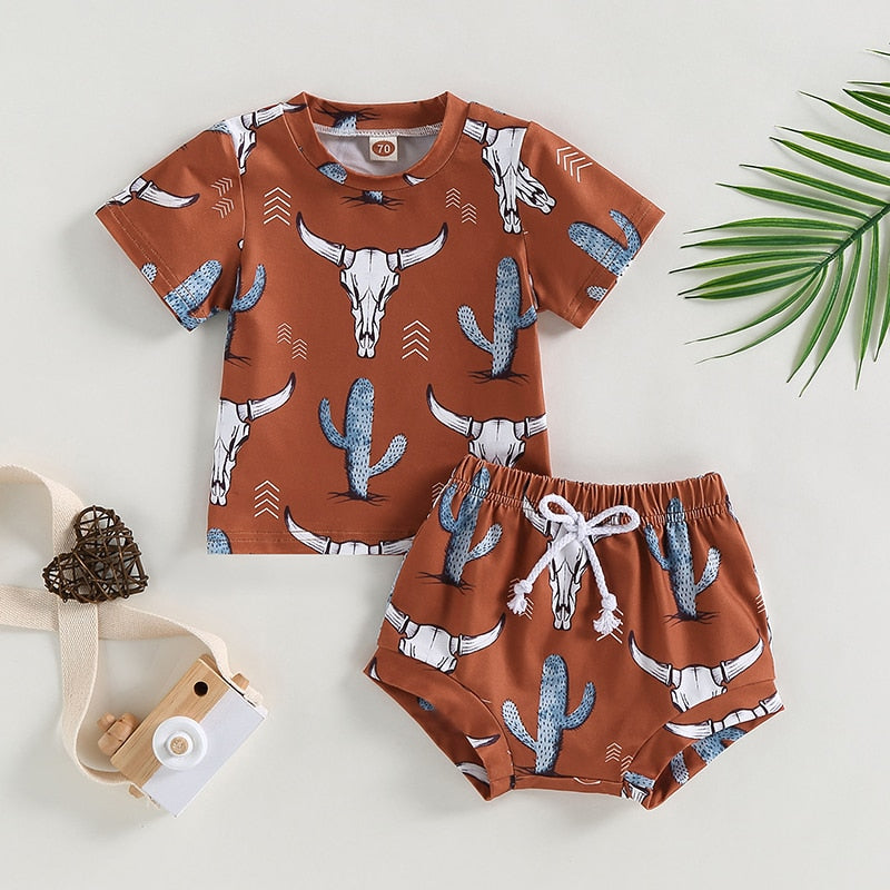 Vintage Summer Clothes Sets for Infant and Toddler Boys with Cattle and Cactus Print