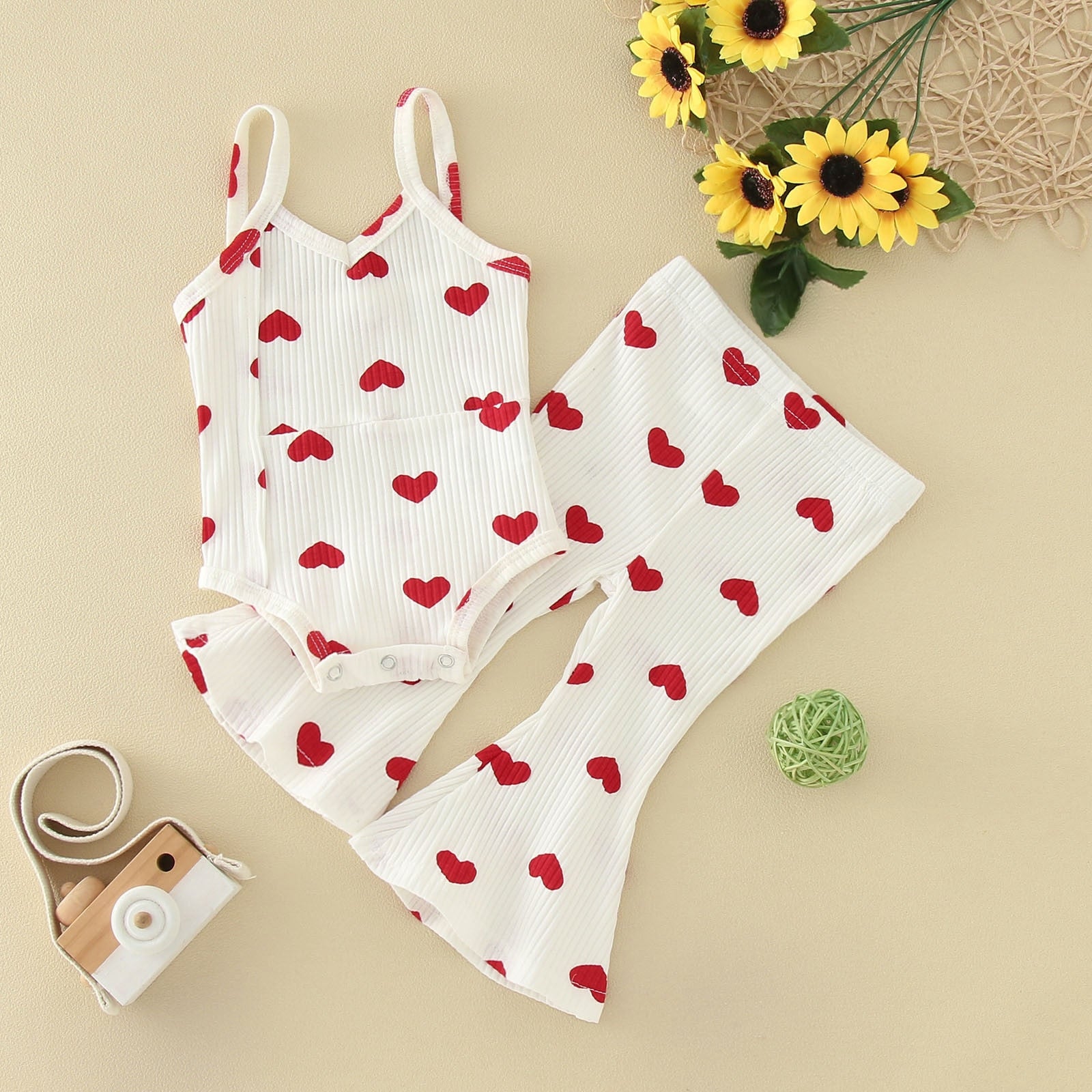 Lovely Valentine's Day Toddler Girls Clothes Set - Heart Print Sleeveless Bodysuit + Flare Long Pants, Summer Outfits