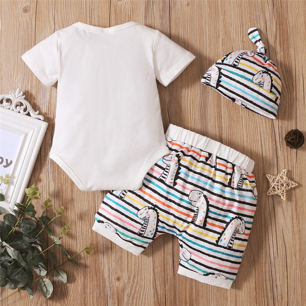 Summer Baby Boy Clothing Set with Letter Print Top and Rainbow Stripes Shorts