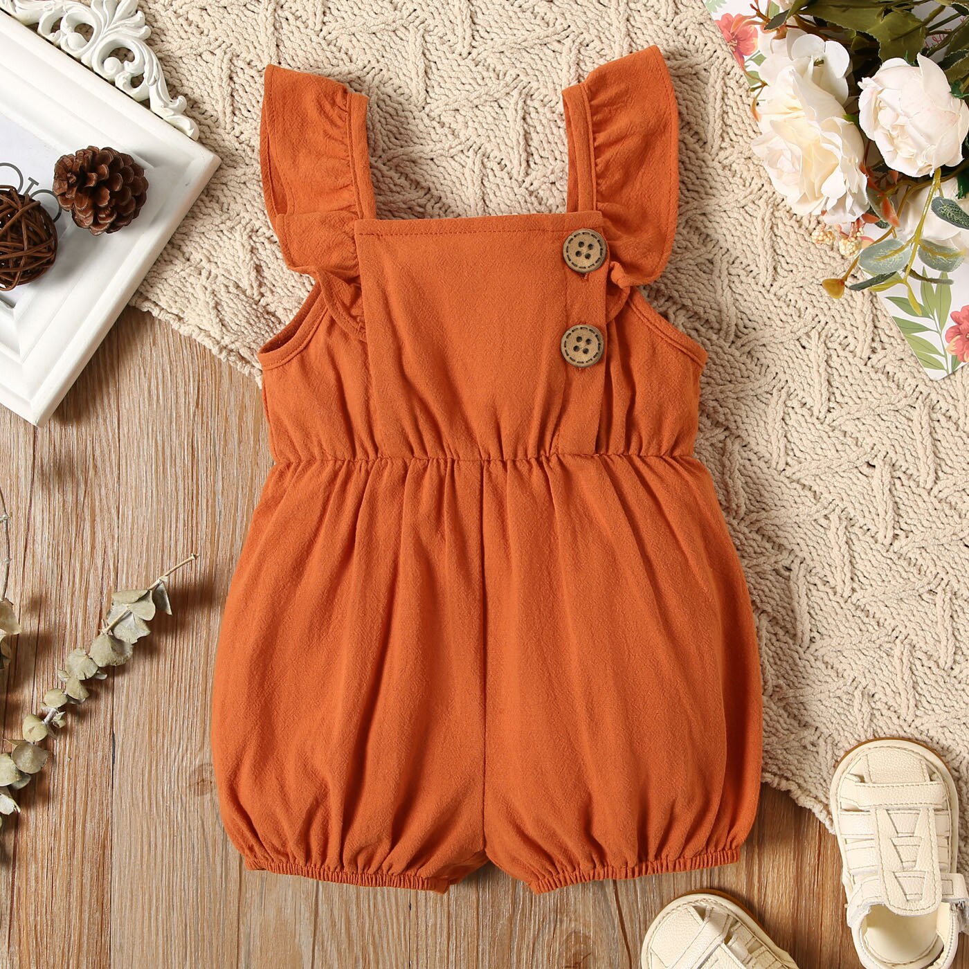 Baby Girl 100% Cotton Sleeveless Romper with Ruffle Trim