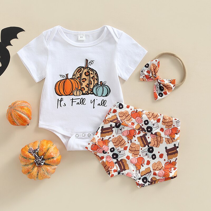 Cute Halloween Baby Girl Clothes Set - Pumpkin/Letter Print Bodysuits, Shorts, Headband