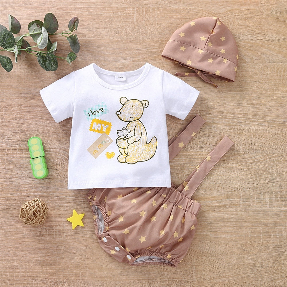 Summer Kangaroo Printed Top and Stars Overalls Baby Set