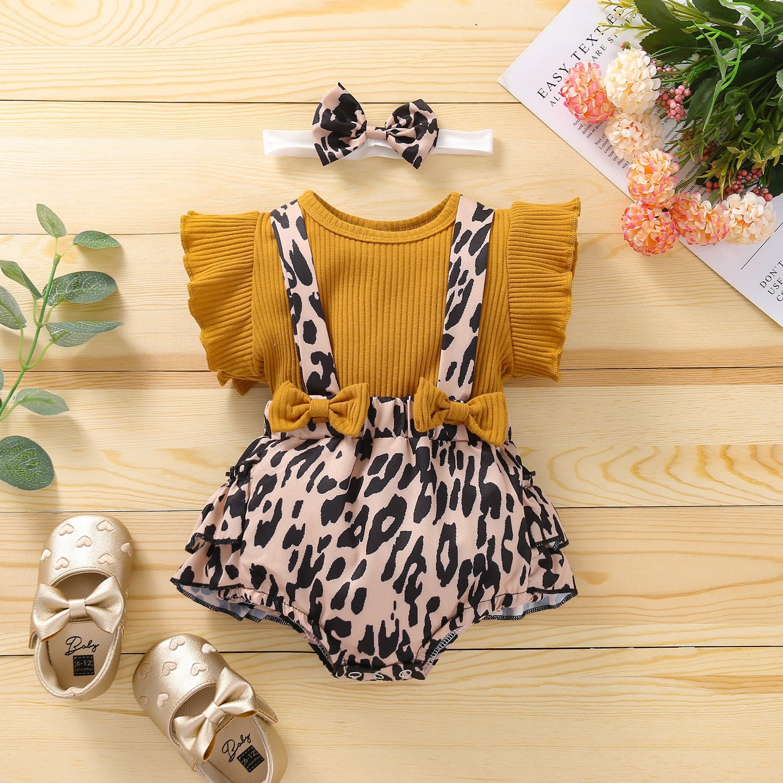 Adorable Newborn Infant Baby Girl Clothes Set with Soft Knitted T-Shirt, Bow Flower, Leopard Suspender Shorts