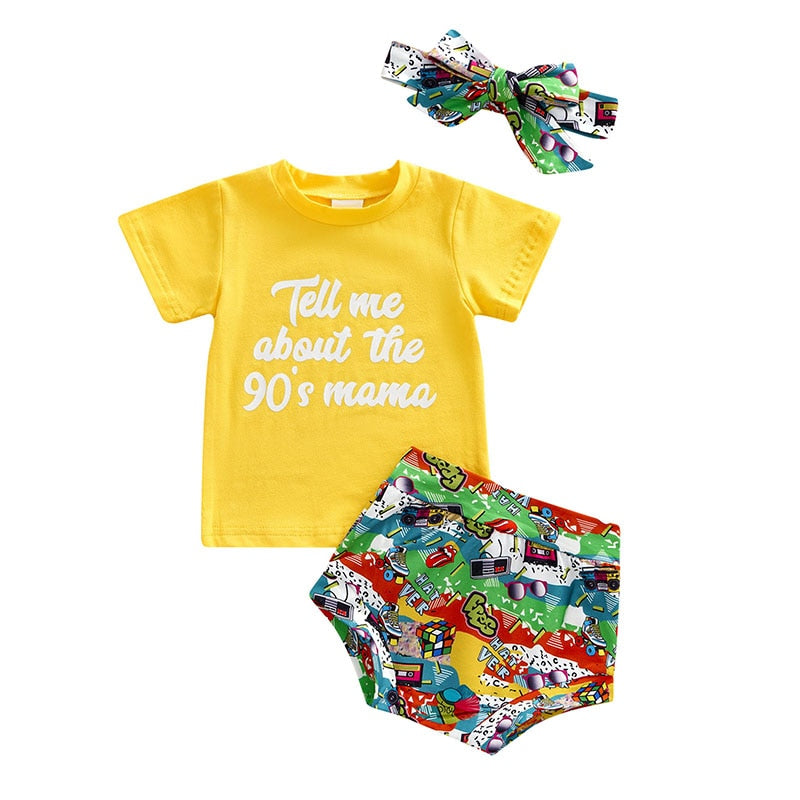 Cute Infant Baby Clothes Sets - 3pcs Letter Short Sleeve T Shirts+Pattern Printed Shorts Headband