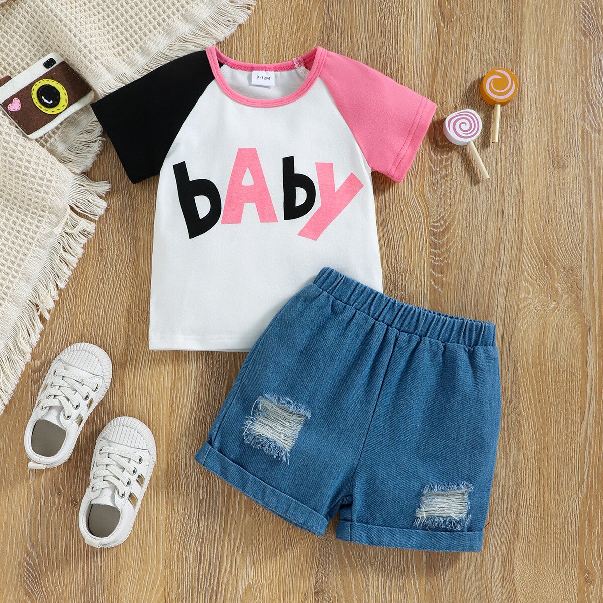 Adorable Baby Boy Summer Outfit Set with Heart Bear T-shirt and Denim Shorts