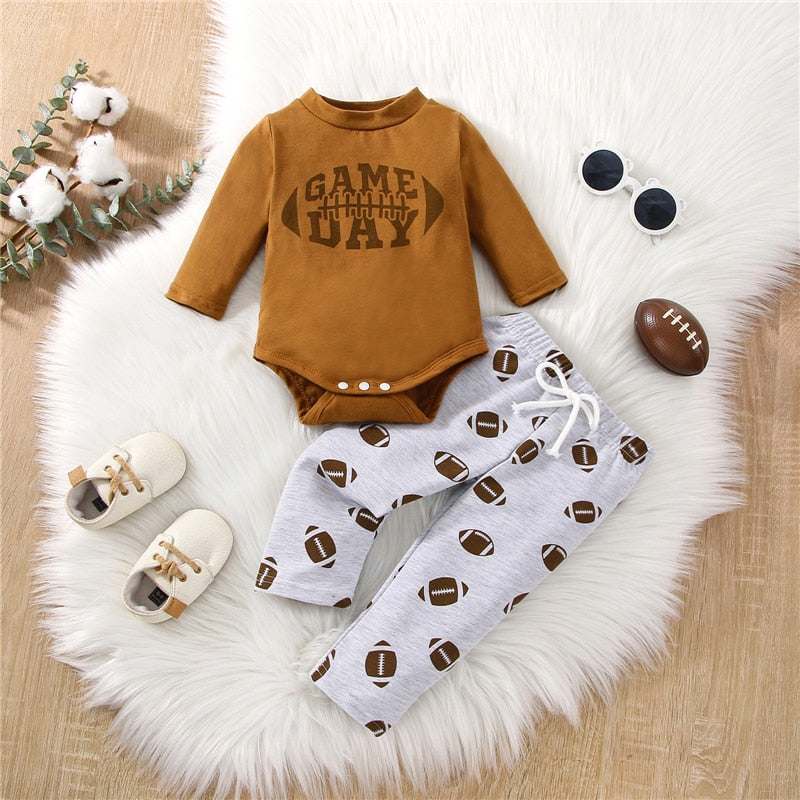 Newborn Baby Boys and Girls 2-Piece Outfit Set with Letter Print Romper and Rugby Print Pants