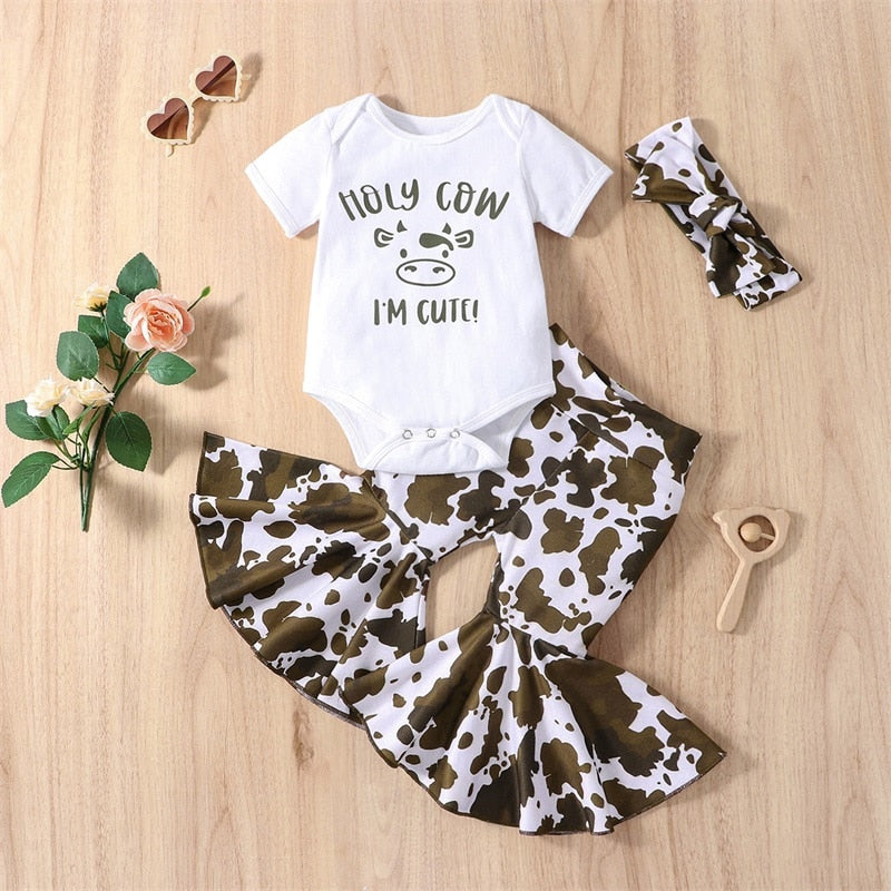 Infant Baby Girl 3Pcs Clothes Set with Cow Head and Spot Prints