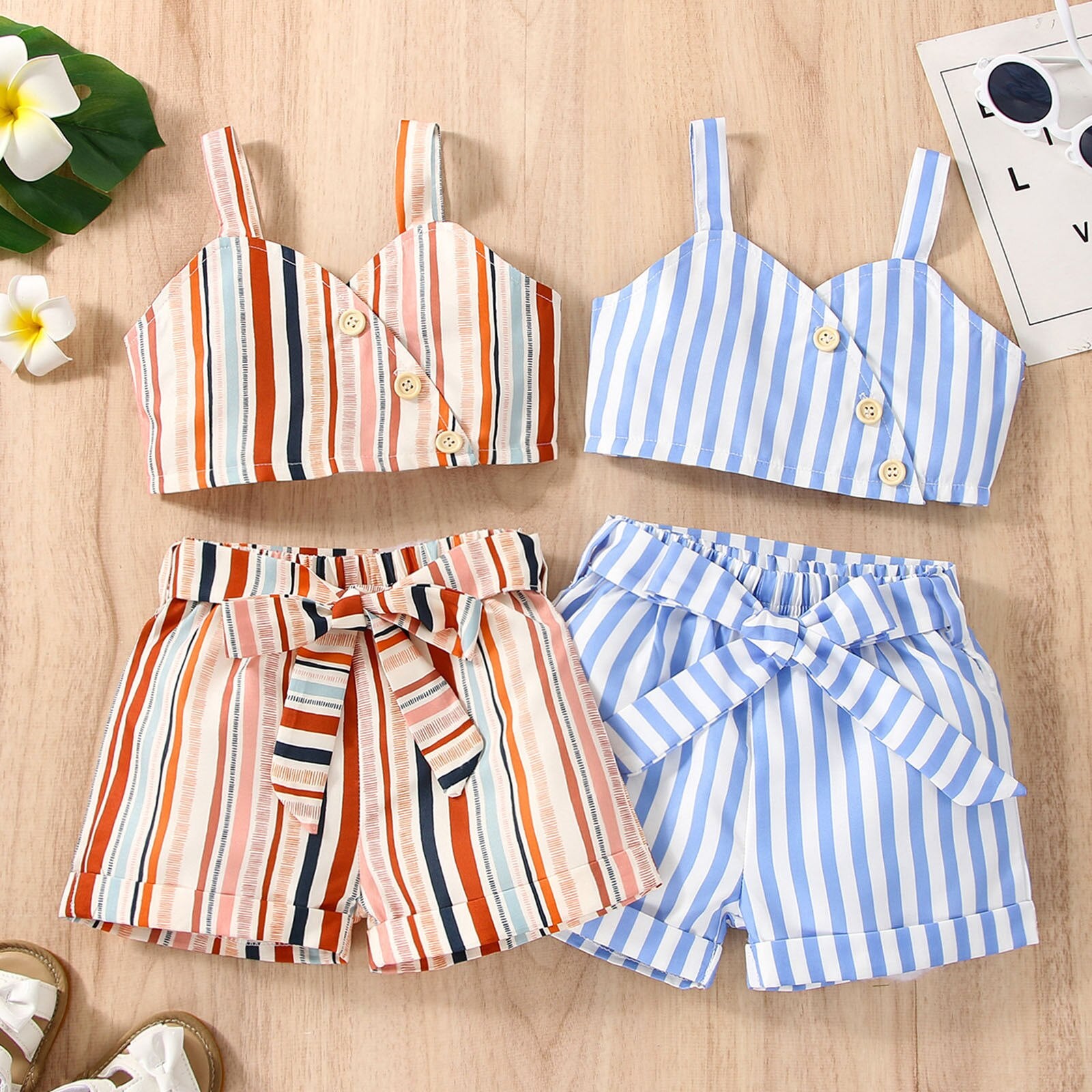 Fashionable Toddler Girls Striped Vest and Bowknot Shorts Set