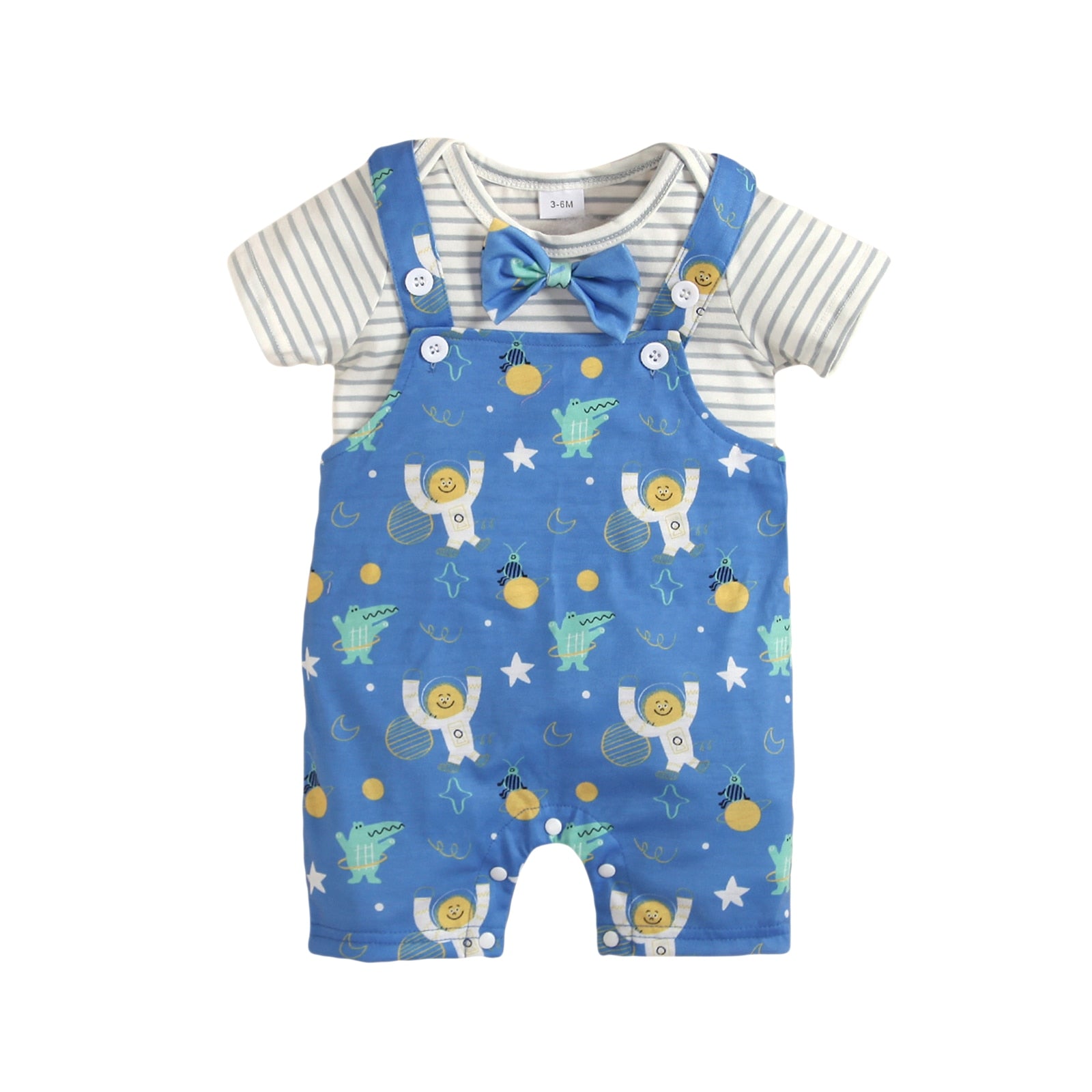 Adorable Newborn Baby Casual Suit: Short Sleeve Stripe Printed Tops and Cartoon Animal Suspender Pants