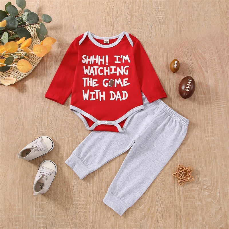 Xmas Party Suit for Baby Girls and Boys - Letter Print Long Sleeve Romper with Solid Pants