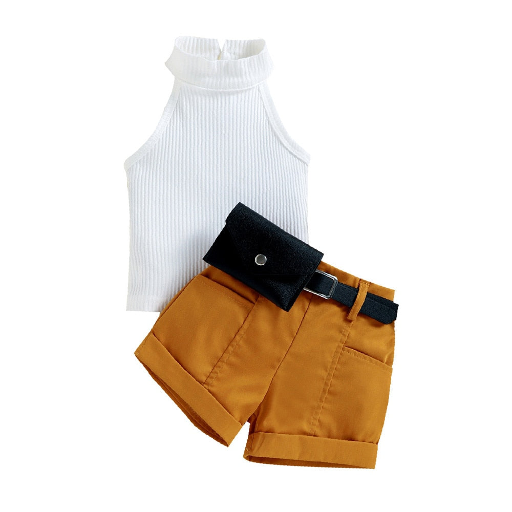 Fashionable Toddler Girls Clothes Set Halterneck Top + Shorts + Belt Bag