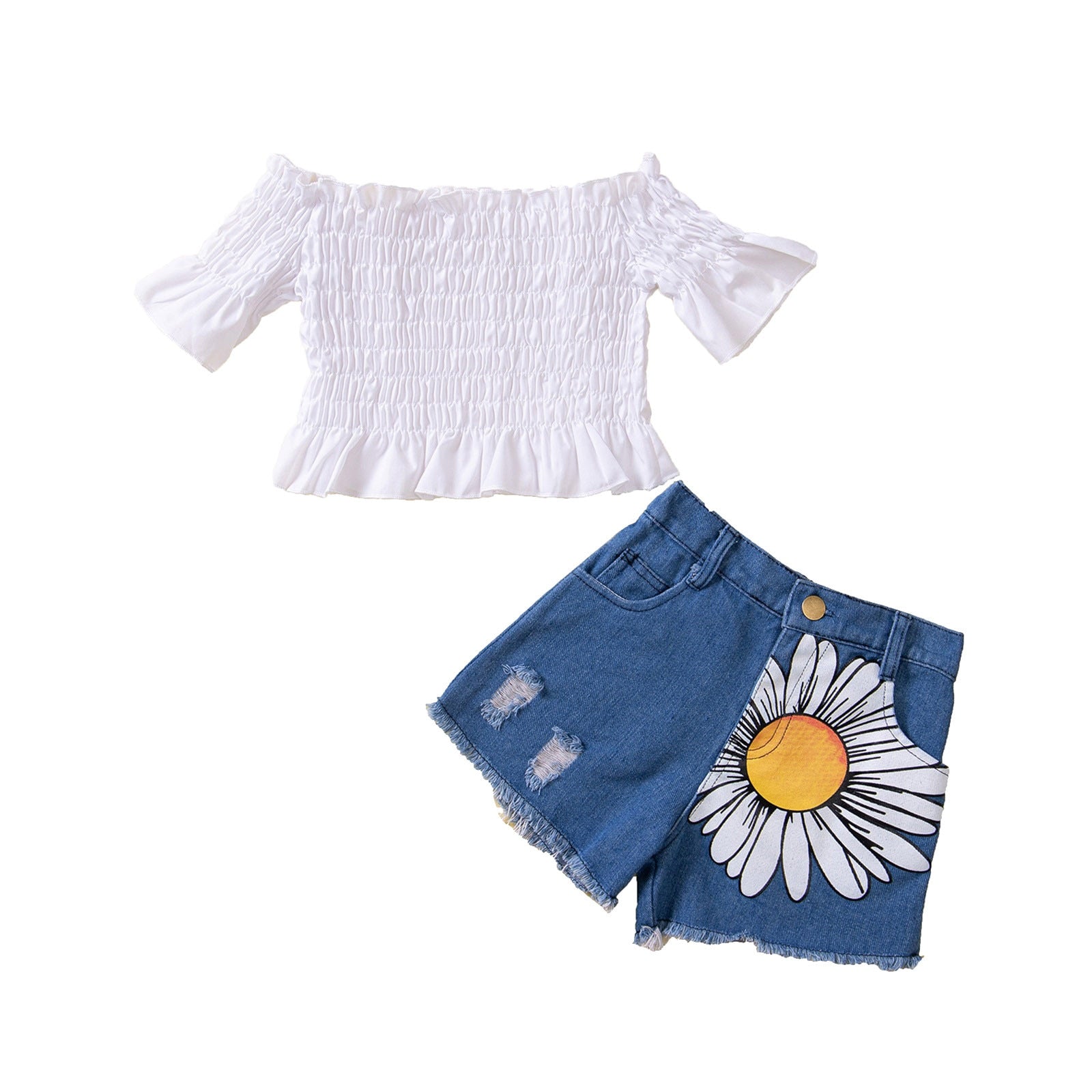 Adorable Toddler Girls Summer Clothes Sets - Off Shoulder T-Shirt and Denim Shorts