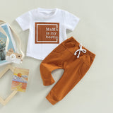 Fashionable Summer Newborn Baby Boys Clothing Sets with Graphic Letter Print T-shirts and Solid Pocket Long Pants