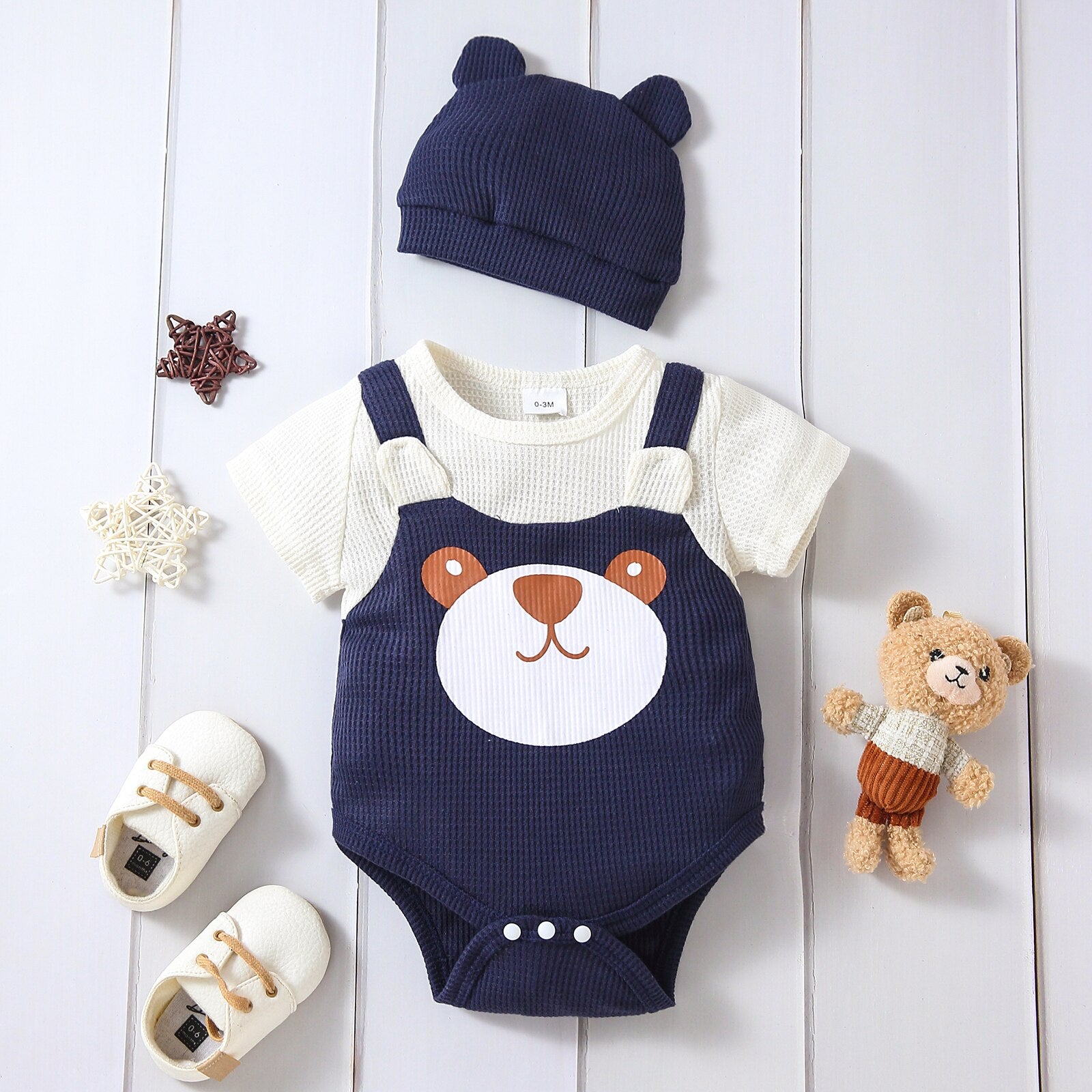 Adorable Baby Bear Graphic Colorblock Waffle Romper for Boys and Girls