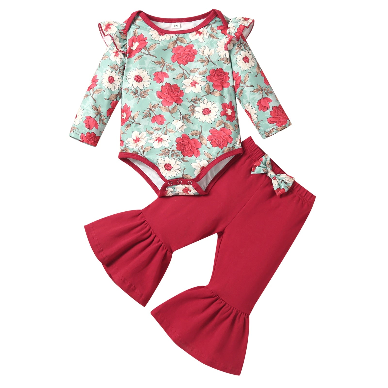 Infant Girls Spring Romper Set with Ruffle Snap Romper and Bell-Bottom Pants