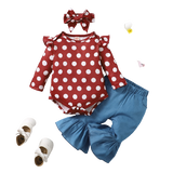 Stylish Polka Dot Print Toddler Girls Outfit Set with Long Sleeve Top, Denim Bell Bottom Pants, and Headband