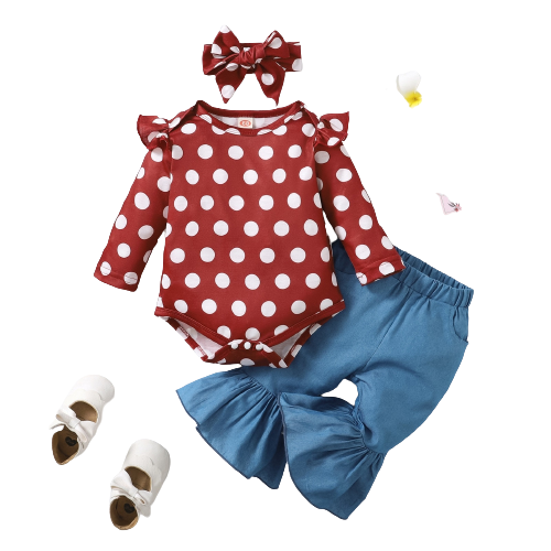 Stylish Polka Dot Print Toddler Girls Outfit Set with Long Sleeve Top, Denim Bell Bottom Pants, and Headband