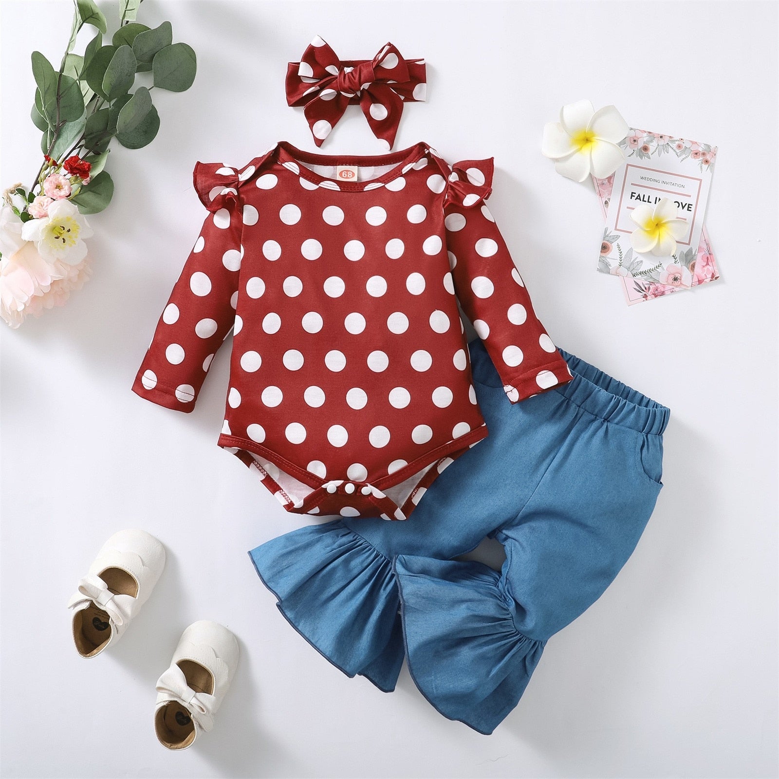 Stylish Polka Dot Print Toddler Girls Outfit Set with Long Sleeve Top, Denim Bell Bottom Pants, and Headband