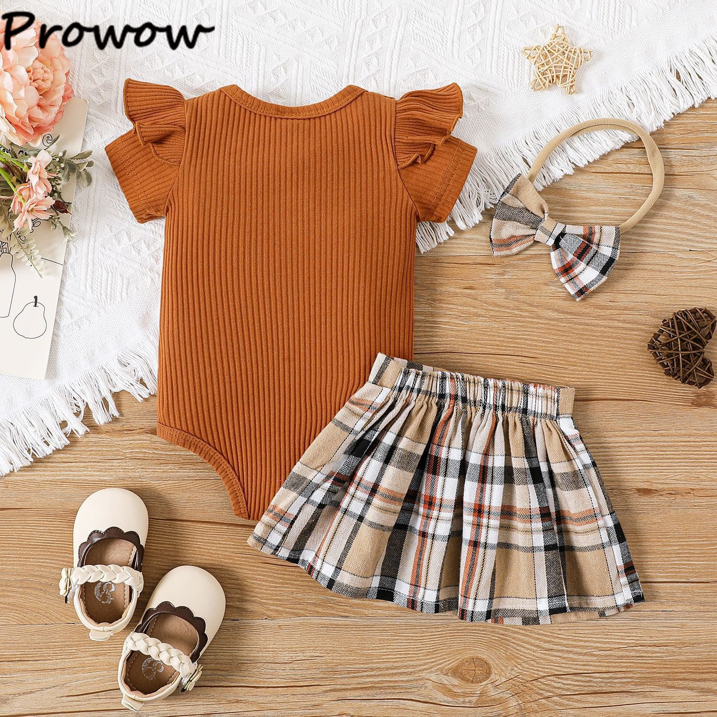 Cute Summer Baby Girl Outfit Set with Embroidery Bear Romper and Plaid Skirt