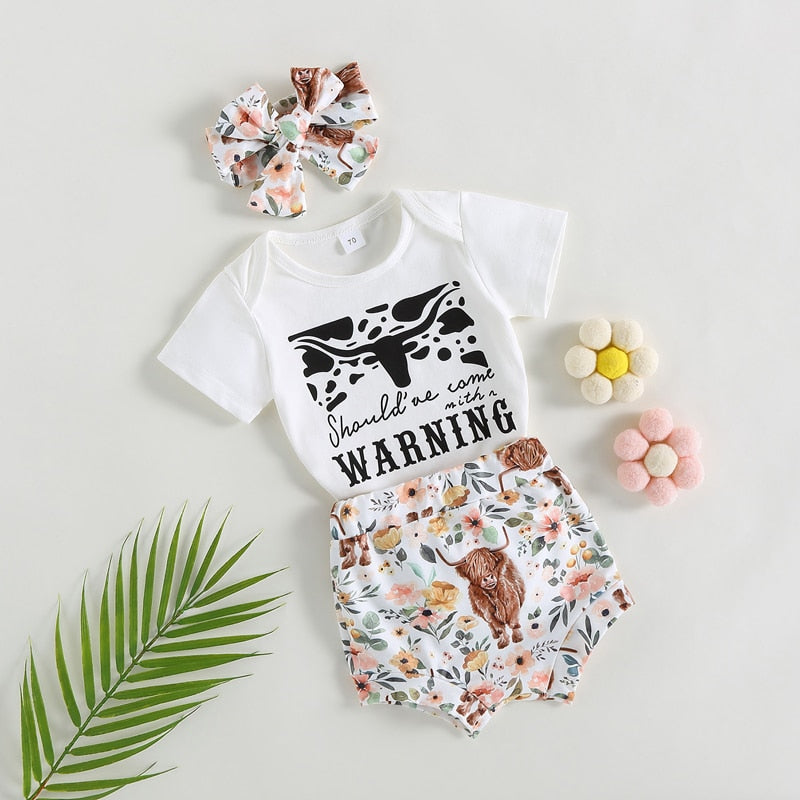 Adorable Summer Outfits for Newborn Baby Girls: Cow Letter Print Bodysuits and High Waist Shorts