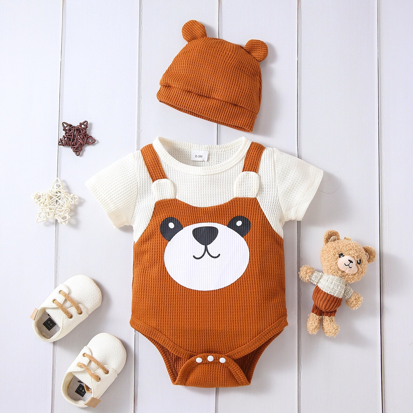 Adorable Baby Bear Graphic Colorblock Waffle Romper for Boys and Girls