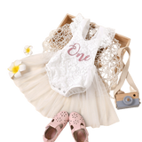 Floral Lace Embroidered Girls Bodysuit Dress for Baby's First Birthday