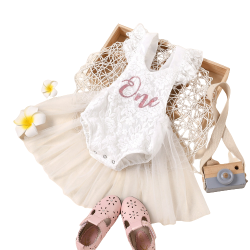 Floral Lace Embroidered Girls Bodysuit Dress for Baby's First Birthday