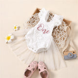 Floral Lace Embroidered Girls Bodysuit Dress for Baby's First Birthday