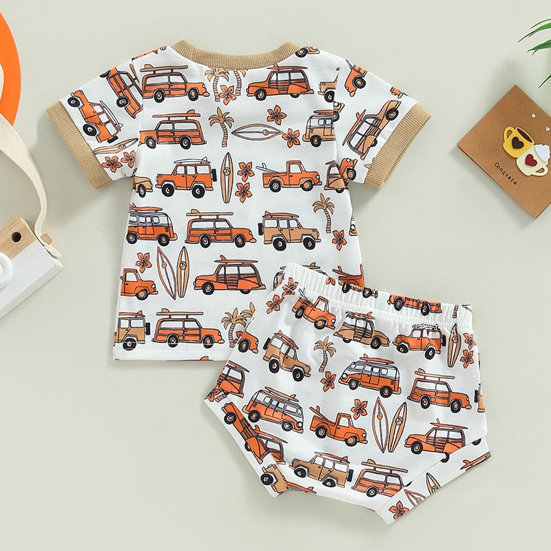 Summer Toddler Newborn Baby Boys Clothes Cartoon Car Print Short Sleeve T-shirts+High Waist Shorts Holiday Beach Outfits