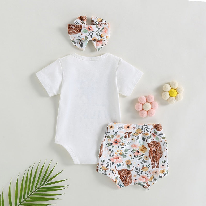 Adorable Summer Outfits for Newborn Baby Girls: Cow Letter Print Bodysuits and High Waist Shorts