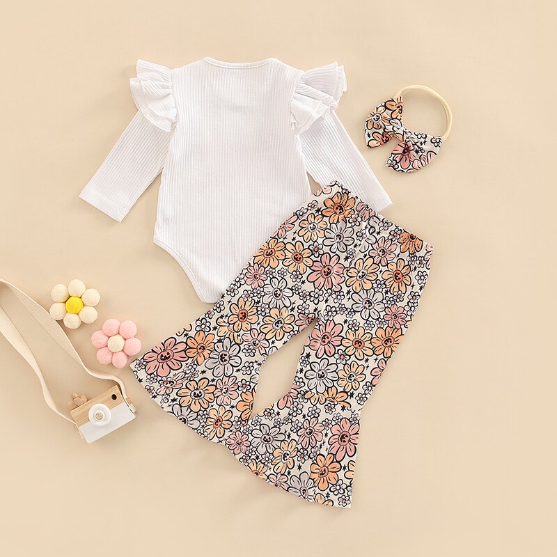 Adorable Newborn Baby Girl's 3-Piece Clothing Set with Letter Romper, Flared Trousers, and Headband