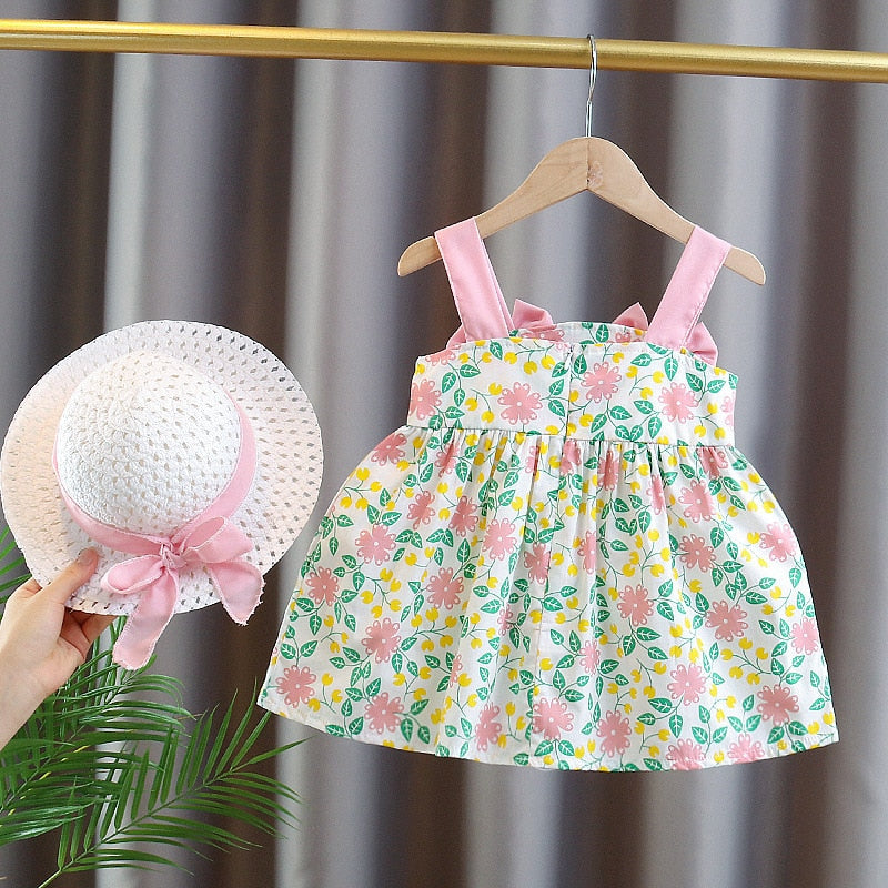 Summer Flower Bow Suspender Dress for Baby Girls