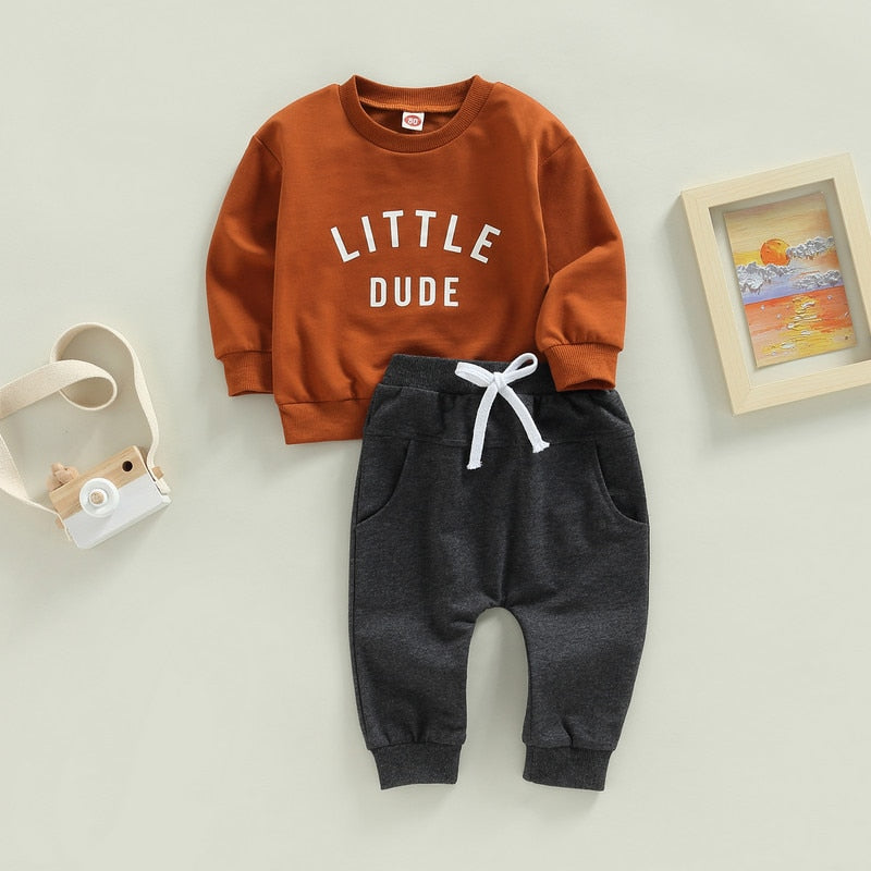 Fall/Winter Baby Boy Sportswear Set with Letter Print Tops and Drawstring Pants