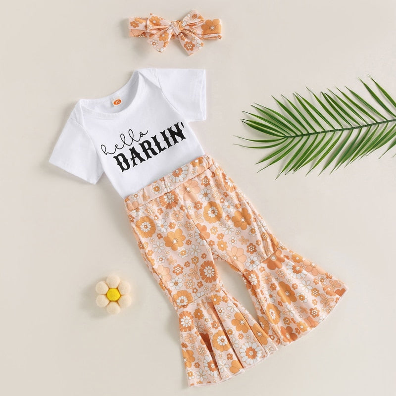 Summer Newborn Baby Girls Clothes Sets with Letter Print Rompers and Floral Flare Pants