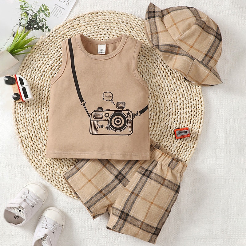 Baby Boys Camera Print Tank Top Plaid Shorts Summer Outfit